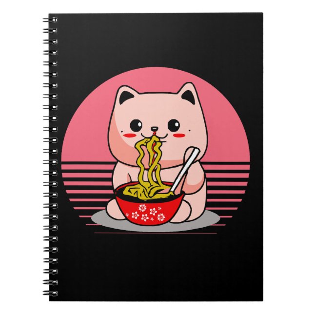 Cute Kawaii cat eating ramen Notebook (Front)