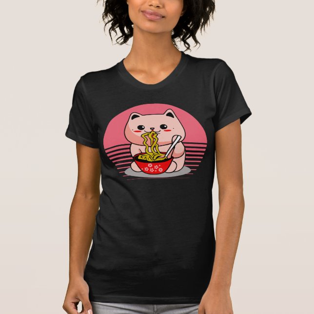 Cute Kawaii cat eating ramen T-Shirt (Front)