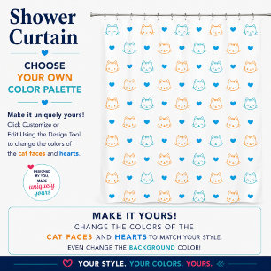 Cute Kawaii Cat Faces and Hearts Blue Orange Shower Curtain