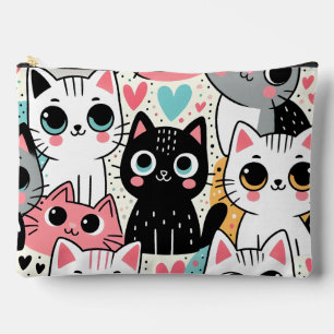 Cute Kawaii Cat Faces and Hearts Whimsical Accessory Pouch