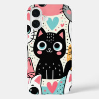 Cute Kawaii Cat Faces and Hearts Whimsical