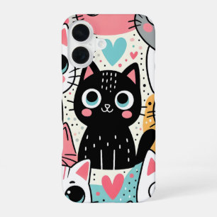 Cute Kawaii Cat Faces and Hearts Whimsical iPhone 16 Case