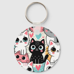 Cute Kawaii Cat Faces and Hearts Whimsical Key Ring