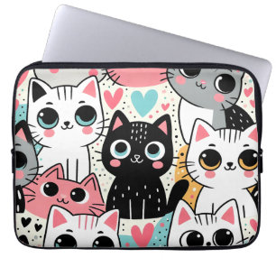 Cute Kawaii Cat Faces and Hearts Whimsical Laptop Sleeve