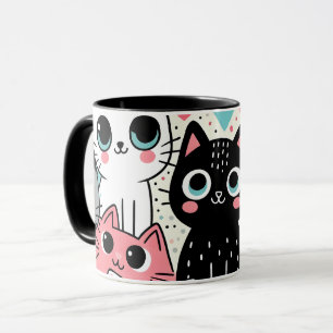 Cute Kawaii Cat Faces and Hearts Whimsical Mug
