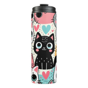 Cute Kawaii Cat Faces and Hearts Whimsical Thermal Tumbler
