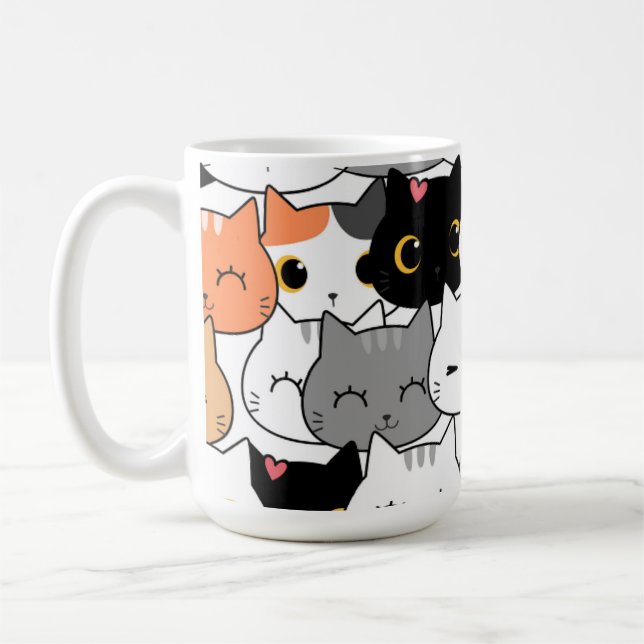 Cute Kawaii Cat Faces Pattern  Coffee Mug (Left)