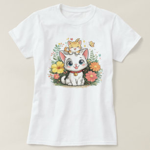 Cute Kawaii Cat Floral Illustration Adorable Kit T-Shirt