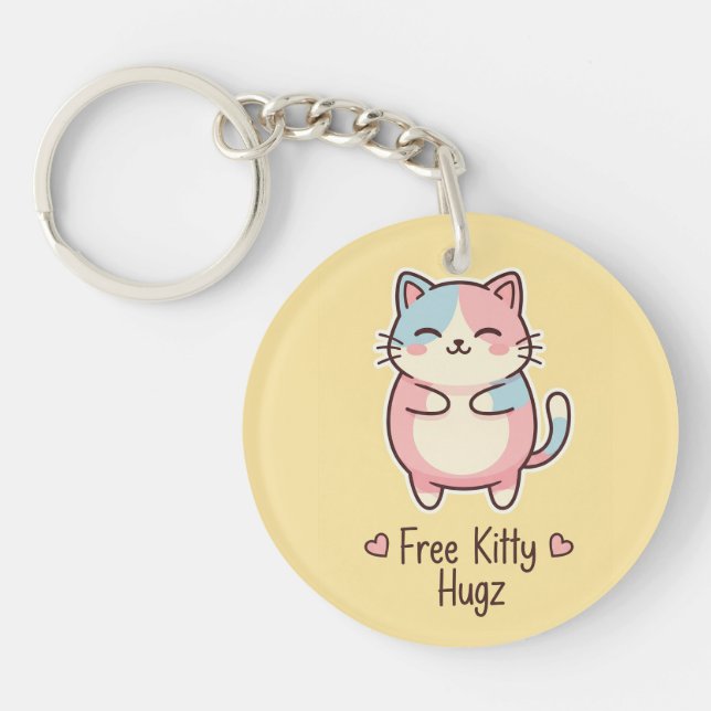 Cute Kawaii Cat "Free Kitty Hugz" Pastel Acrylic  Key Ring (Front)