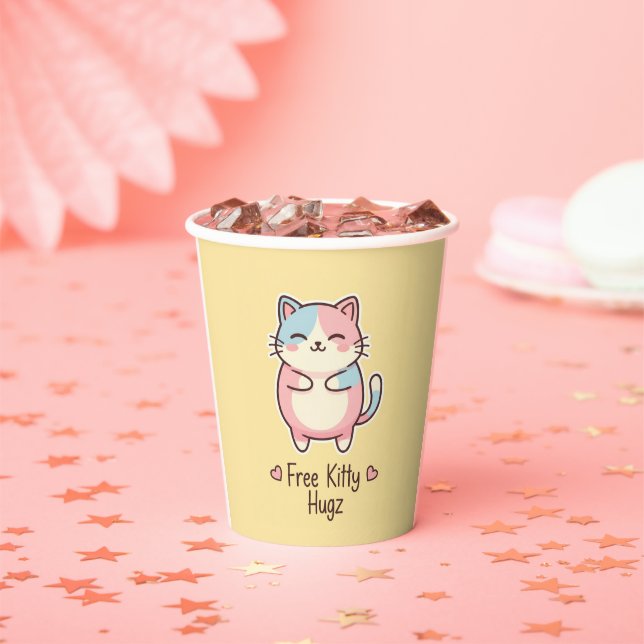 Cute Kawaii Cat Free Kitty Hugz Pastel Party Paper Cups (Insitu)