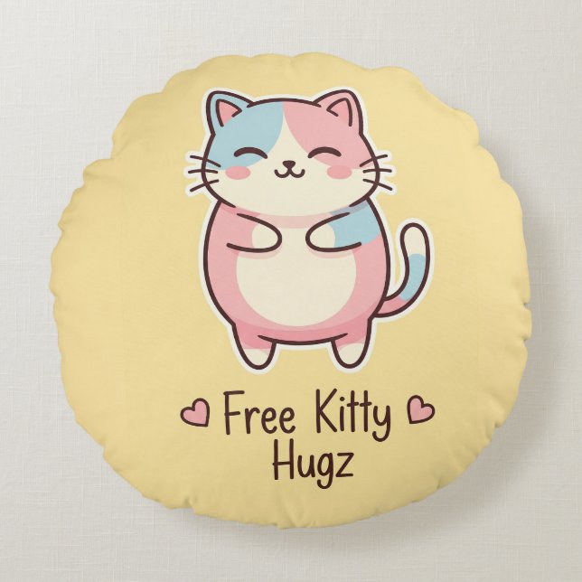 Cute Kawaii Cat Free Pup Hugz Pastel Round Pillo Cushion (Front)