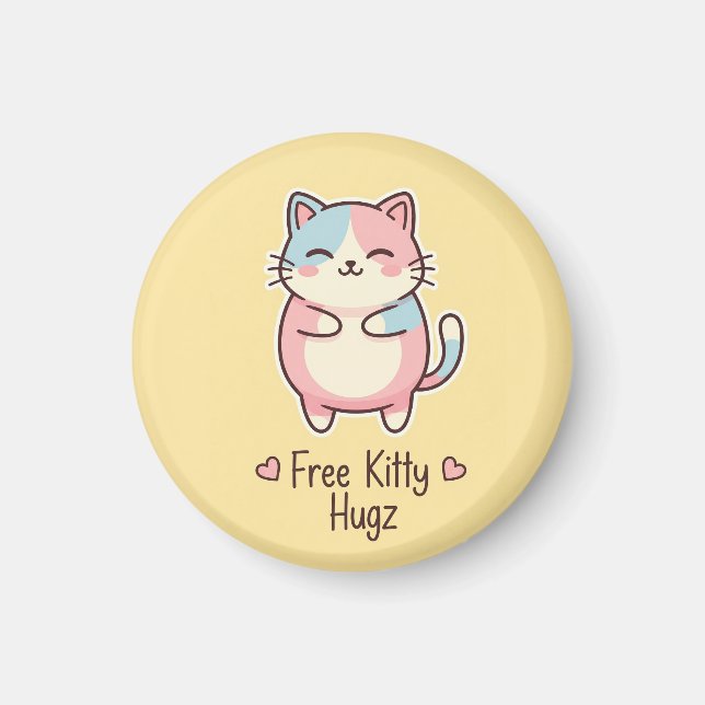 Cute Kawaii Cat "Free Pup Hugz" Quirky Pastel Magn Magnet (Front)