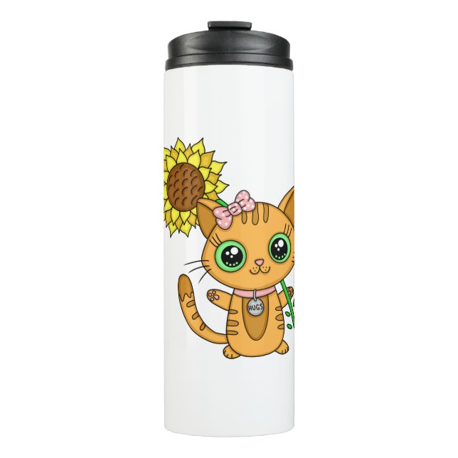 Cute Kawaii Cat Holding Flower Thermal Tumbler (Front)