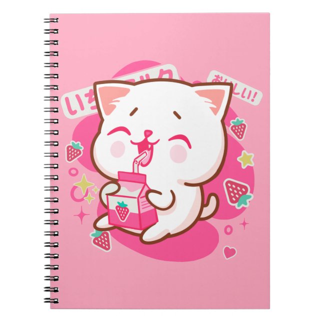 Cute Kawaii Cat Japanese Strawberry Milk Notebook (Front)