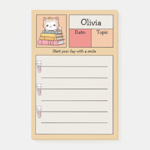 Cute Kawaii Cat On Books Personalised Post-it Notes