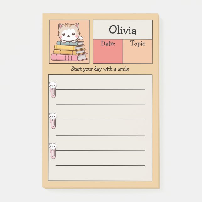 Cute Kawaii Cat On Books Personalised Post-it Notes (Front)