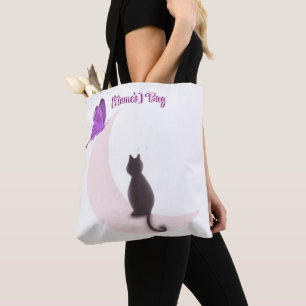 Cute Kawaii Cat on Moon with Butterfly Custom Tote Bag