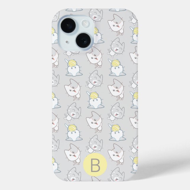 Cute Kawaii Cat Pattern Grey Yellow Monogram Case-Mate iPhone Case (Back)
