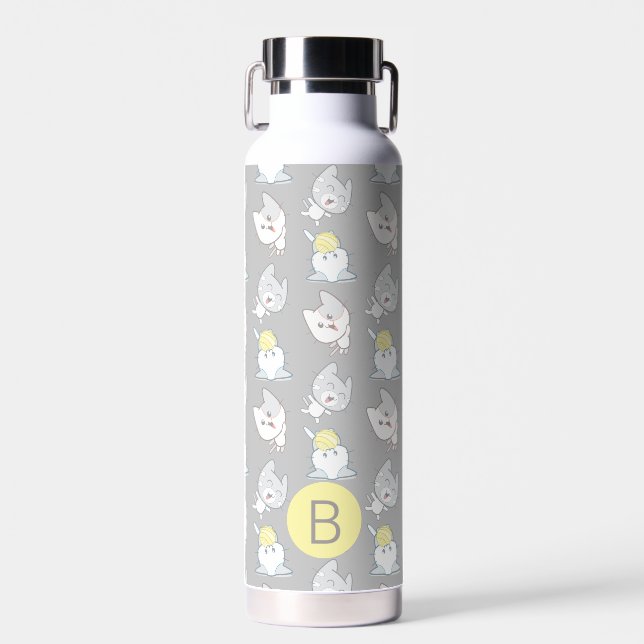 Cute Kawaii Cat Pattern Grey Yellow Monogram Water Bottle (Front)