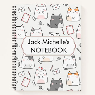 Cute Kawaii Cat Pattern in White Pink & Grey Notebook