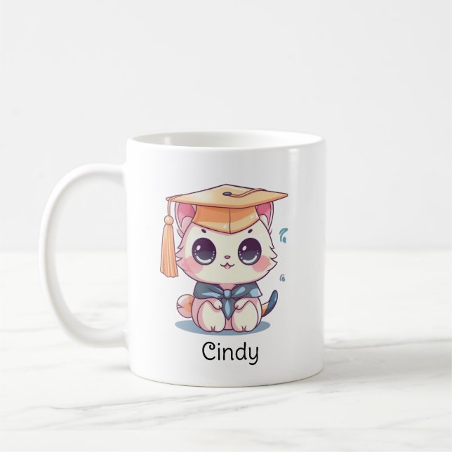 Cute Kawaii Cat Personalised Graduation Coffee Mug (Left)