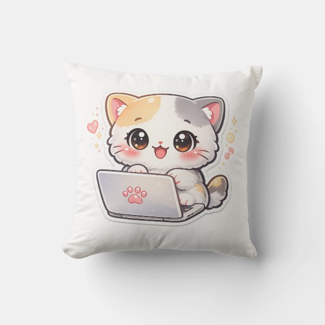 Cute Kawaii Cat Pillow – Adorable Chibi Kitty Lapt (Front)