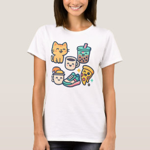 Cute Kawaii Cat, Pizza, Bubble Tea & Coffee – Fun  T-Shirt