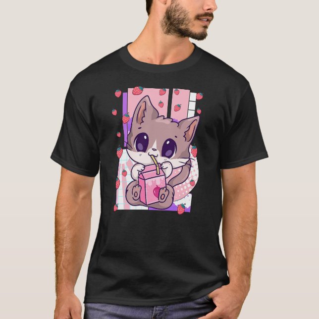 Cute Kawaii Cat Strawberry Milk Anime Neko Shake T-Shirt (Front)