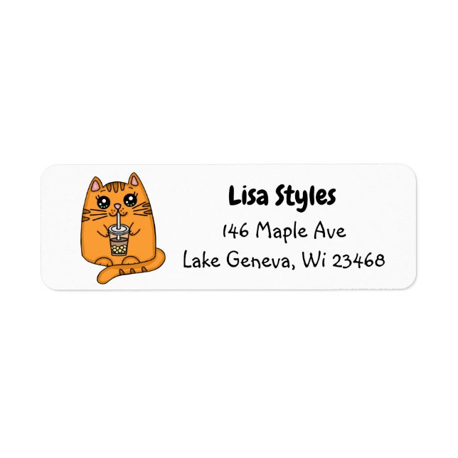 Cute Kawaii Cat with Boba Tea Return Address Label (Front)