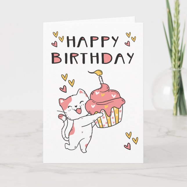 Cute Kawaii cat with cupcake Birthday Card (Front)