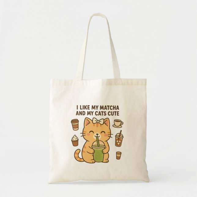 Cute Kawaii Cat with Matcha Green Tea  Tote Bag (Front)