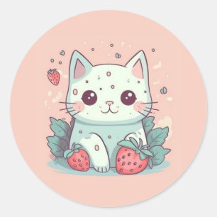 Cute kawaii cat with strawberries classic round sticker