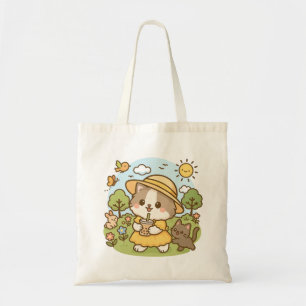 Cute Kawaii Cat Yellow Dress Drinking Bubble Tea Tote Bag