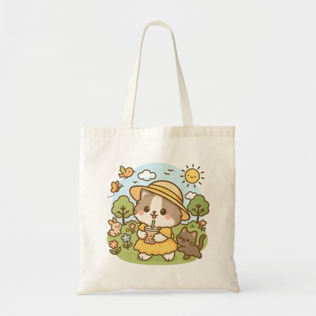 Cute Kawaii Cat Yellow Dress Drinking Bubble Tea Tote Bag (Front)