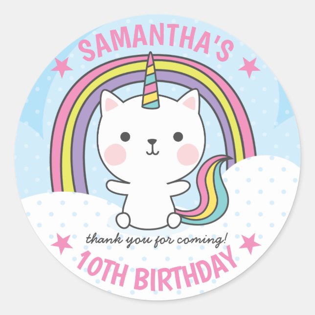 Cute Kawaii Catcorn Cat Unicorn Classic Round Sticker (Front)