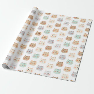 Cute Kawaii Cats Hand-Drawn Illustrations Pastel Wrapping Paper