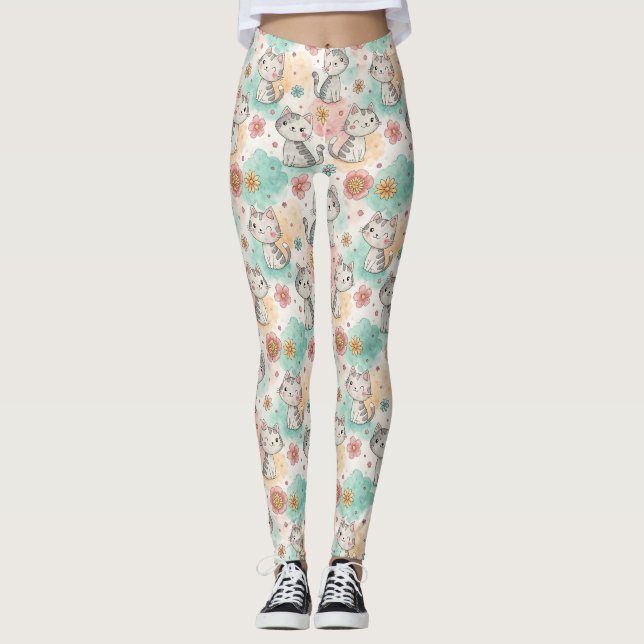 Cute kawaii cats kitty pastel colours pattern leggings (Front)