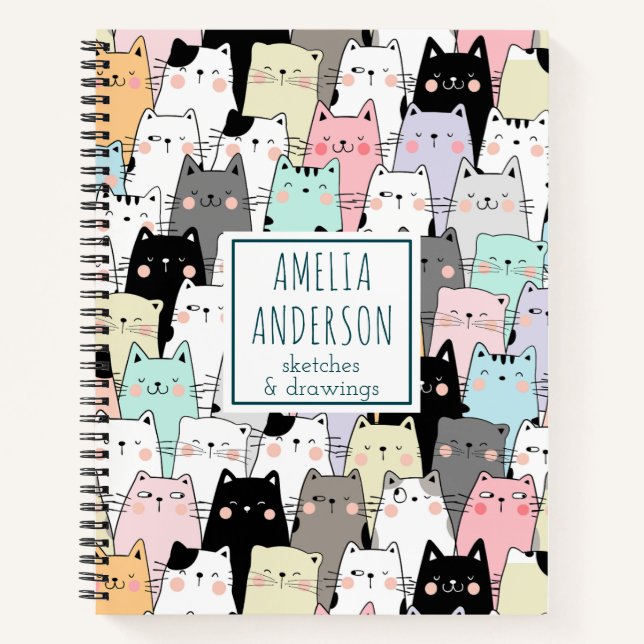 Cute Kawaii Cats Pattern Personalise Name Notebook (Front)