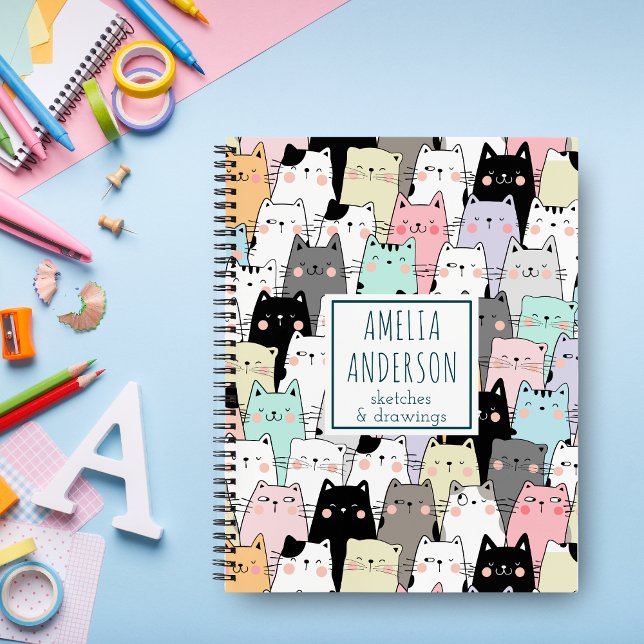 Cute Kawaii Cats Pattern Personalise Name Notebook (Creator Uploaded)