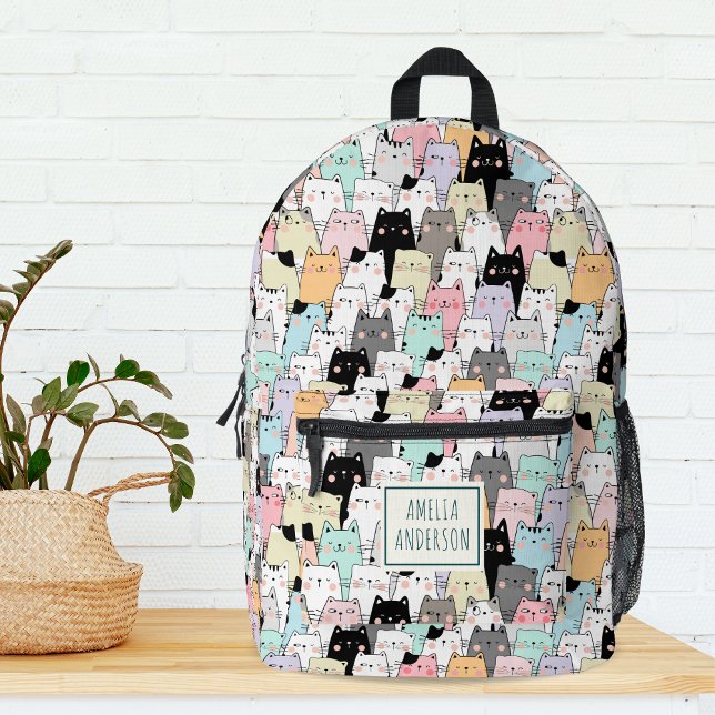 Cute Kawaii Cats Pattern Personalise Name Printed Backpack (Creator Uploaded)
