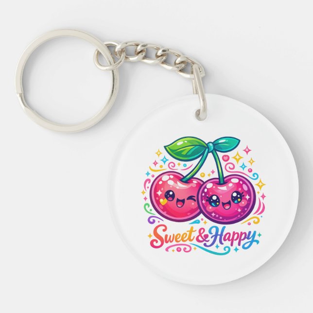 Cute Kawaii Cherries Round Keychain (Front)