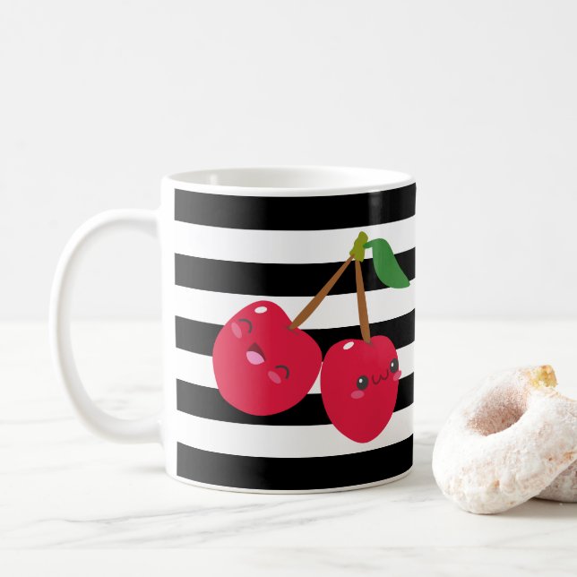 Cute Kawaii Cherry Black and White Striped Coffee Mug (With Donut)