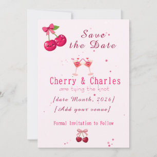 Cute Kawaii Cherry Couple Pink & Red Wedding Save The Date