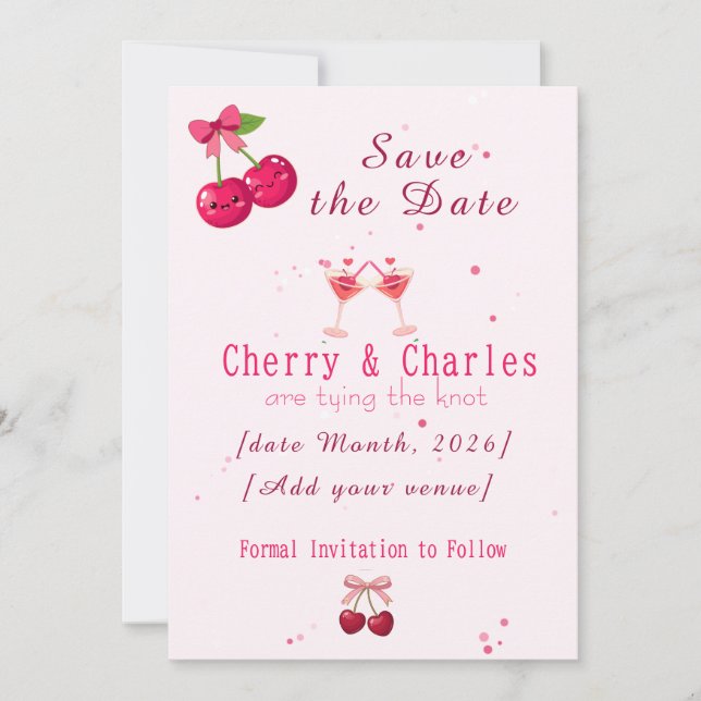 Cute Kawaii Cherry Couple Pink & Red Wedding Save The Date (Front)