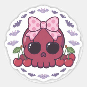 Cute Kawaii Cherry Skull Round Stickers Pink Bow