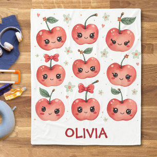 Cute Kawaii Cherry Smiles Fleece Blanket