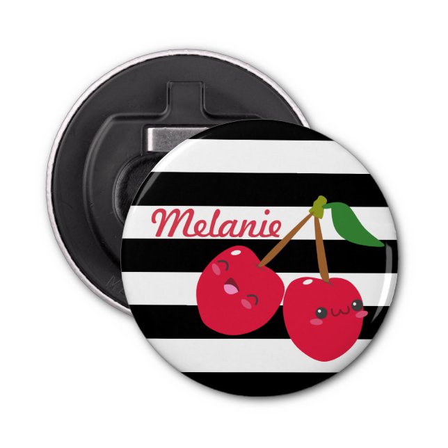 Cute Kawaii Cherry Striped Personalised Bottle Opener (Front)