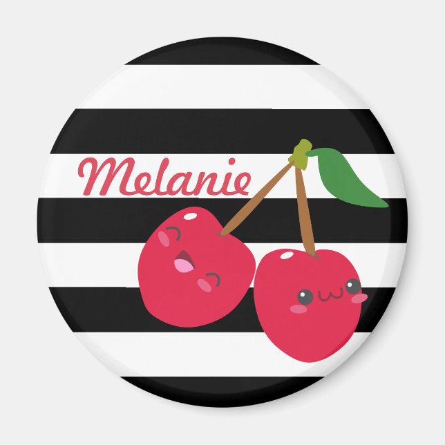 Cute Kawaii Cherry Striped Personalised Magnet (Front)