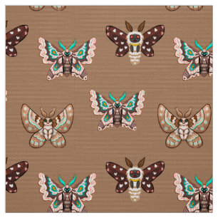 Cute Kawaii Chibi Moths on Coffee Tan Fabric
