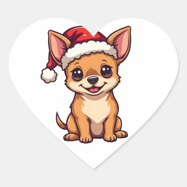Cute Kawaii Chihuahua in Santa Hat Christmas Dog Heart Sticker (Front)